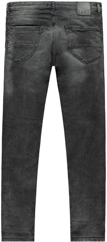 Achterkant van een donkergrijze denim jeans met lichte wassing en merklabel.