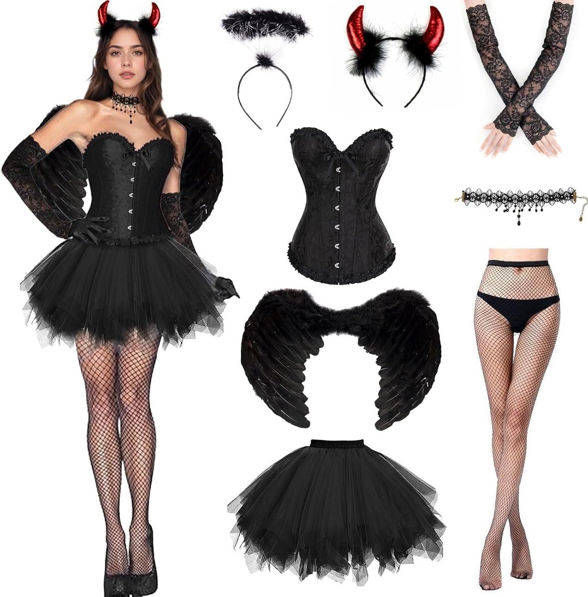 Tulle Rok Kostuum voor Vrouwen met Engel en Duivel Vleugels voor Halloween en Carnaval, Inclusief Kanten Korset en Versieringen