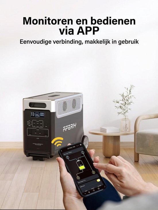 Vrouw bedient AFERIY powerstation via smartphone app in een woonkamer.