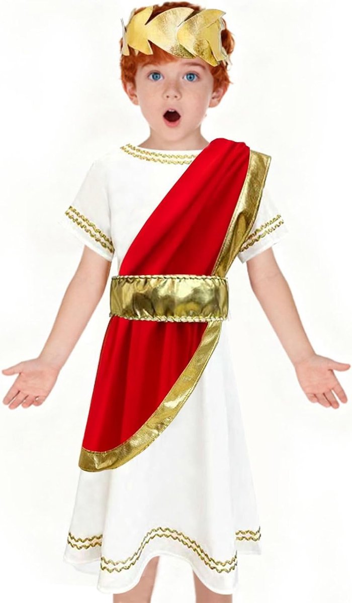 Antiek Grieks en Romeins Kostuum voor Kinderen, 3-delig Verkleedset met Gewaad, Ceintuur en Hoofddoek voor Carnaval, Feest of Halloween