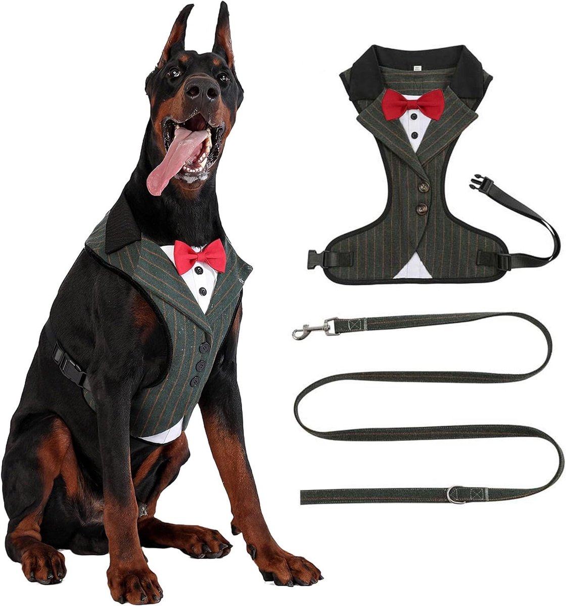 Formele hondenjurk voor middelgrote tot grote honden met gestreepte print en rode vlinderdas, ideaal voor bruiloften en feestjes, luxe hondenoutfit voor speciale gelegenheden