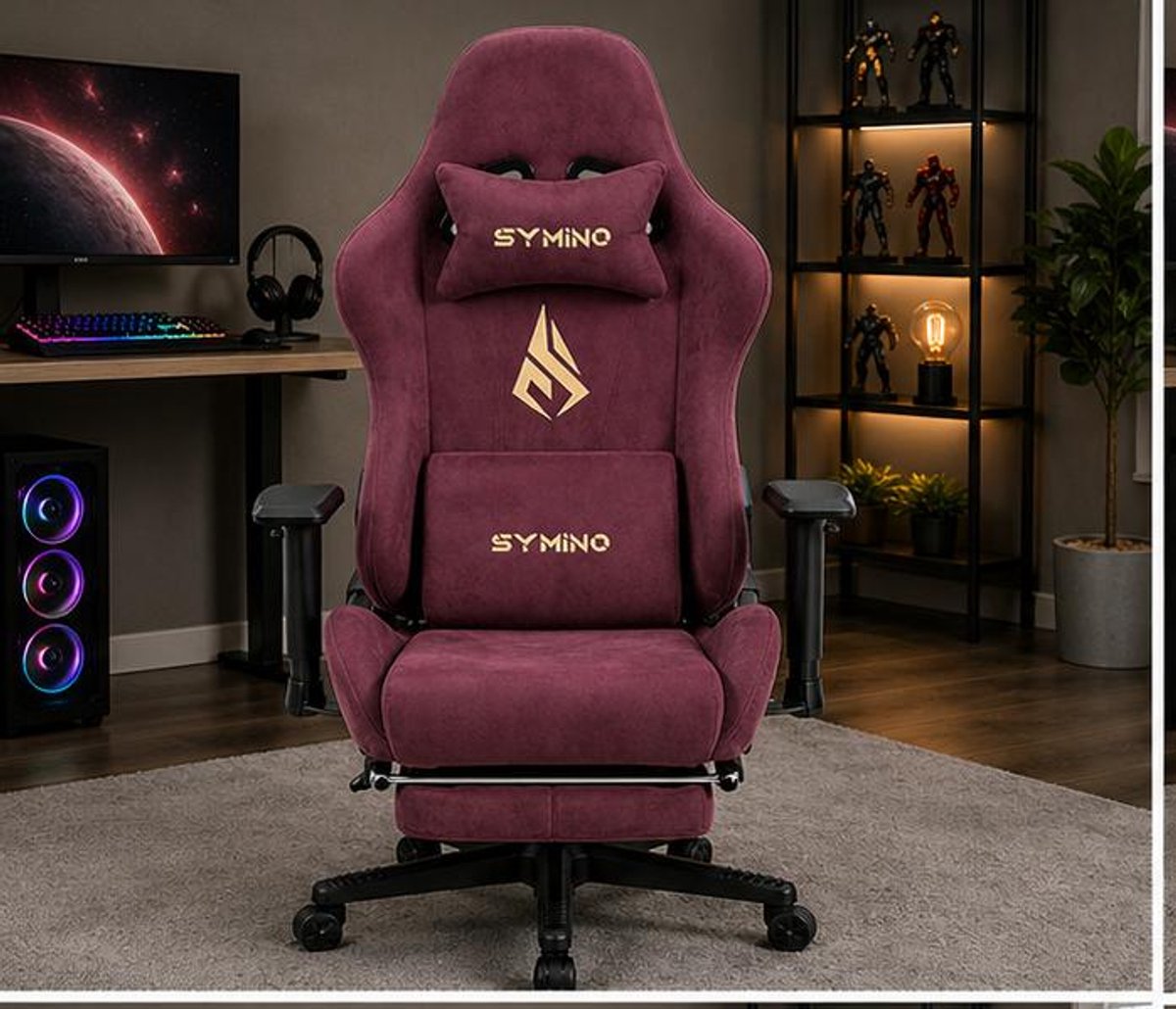 Gaming stoel ergonomisch met voetsteun 59 x 40 x 135 cm – bureaustoel met ademende stof (suède look), verstelbare rugleuning 90°–150°, draaibaar, massage lendenkussen, verstelbare armleuningen, donkerblauw – Vermissen