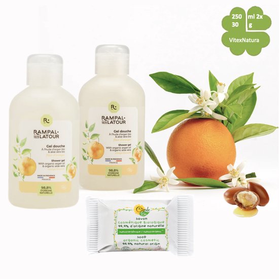 Rampal Latour 2x250ml Biologische Oranjebloesem Douchegel met Arganolie & Aloë Vera | gratis hypoallergeen zeepje