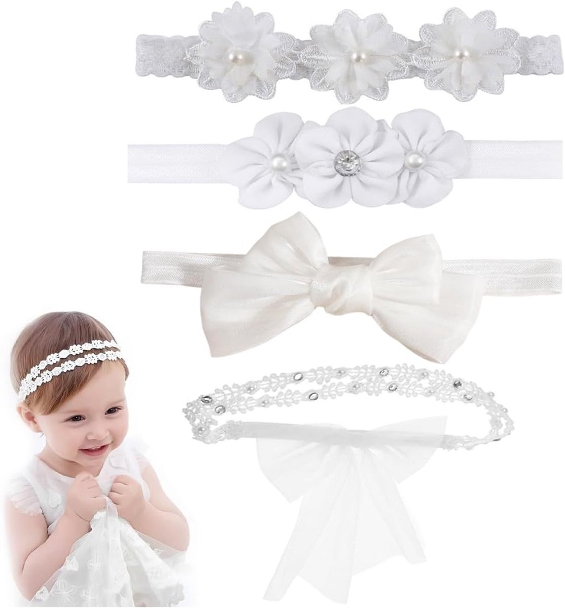 Set van 3 Baby Haarbanden voor Meisjes, Verstelbare Haaraccessoires, Schattige Baby Haarbanden met Bloemen en Strikken