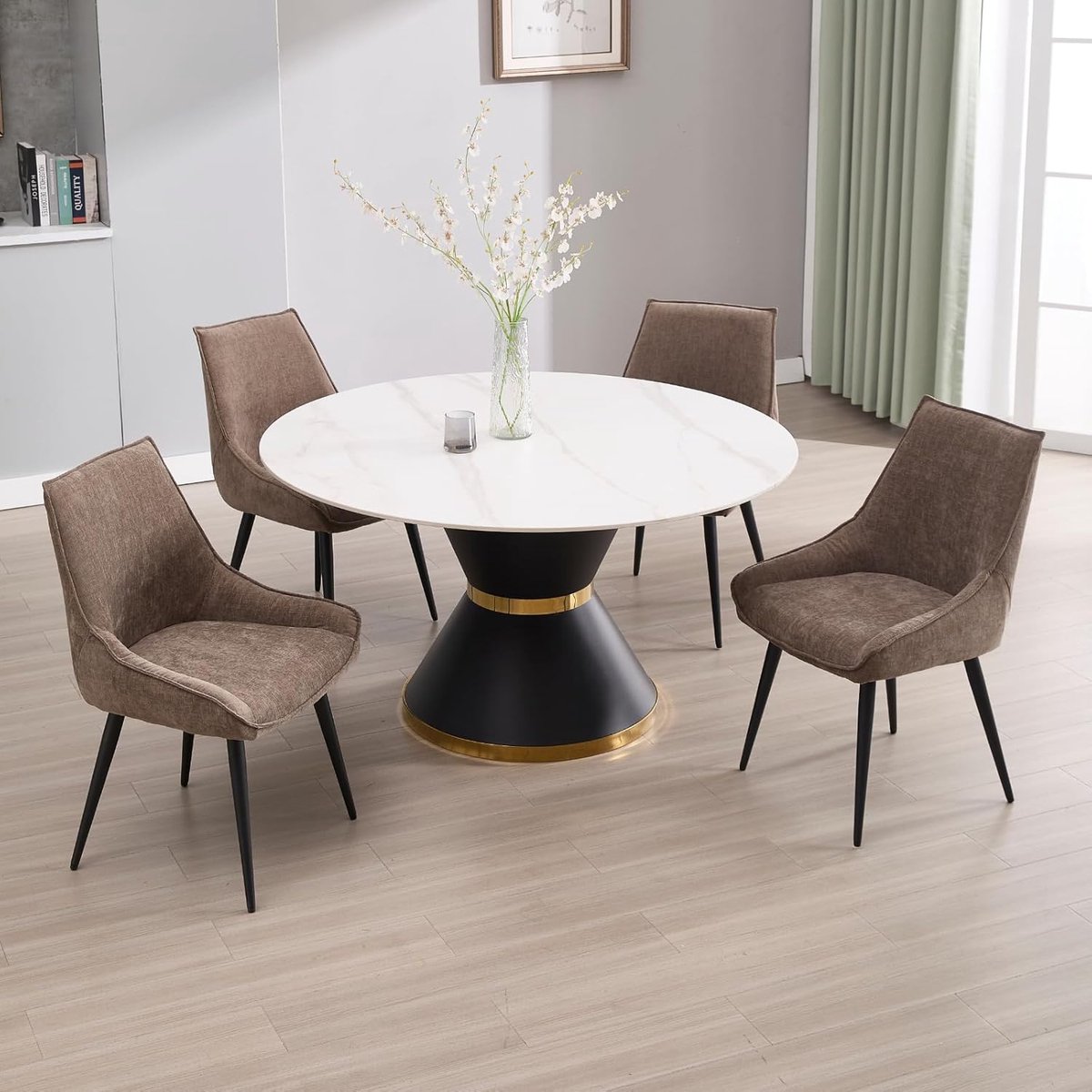 Eetkamerstoelen Set van 4 57x51x85 cm Bruin – Luxe Chenille Stoelen met Armleuningen, Ergonomische Rugleuning, Stalen Poten, Moderne Keuken- & Woonkamerstoelen – Laura