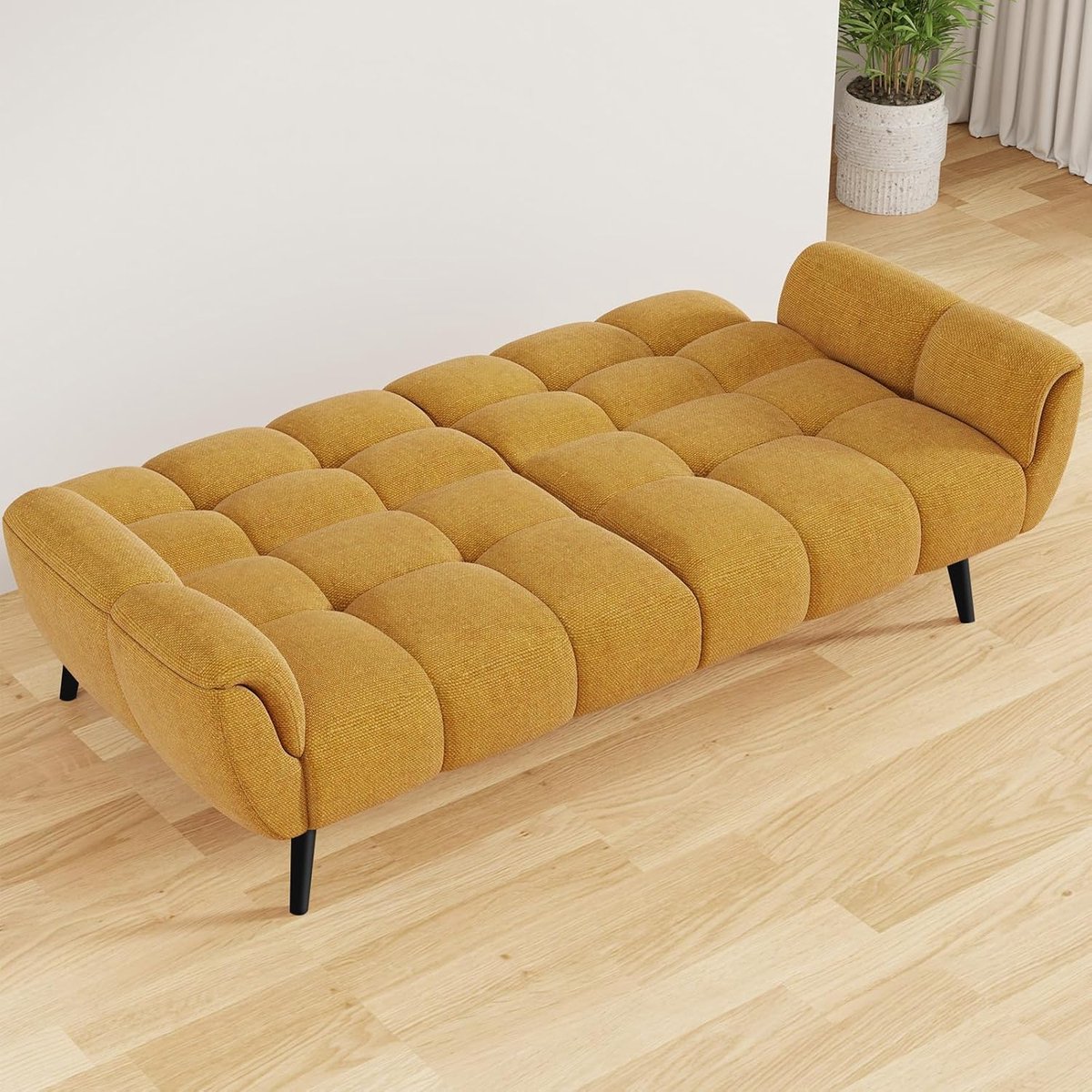 Slaapbank 195x79x83 cm - 3-in-1 Futon Sofa Bed met Verstelbare Rugleuningen - Linnen 2-Zits Bank Uitklapbaar Logeerbed - Geel - Vermissen