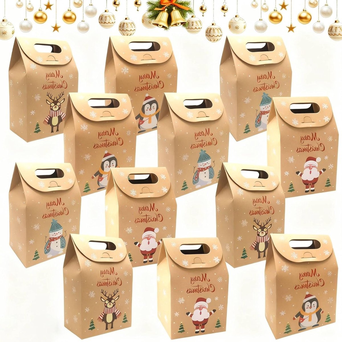 Set van 12 Kerst Cadeautassen in 4 Stijlen, Papieren Tassen voor Feestjes, Verjaardagen en Kerstmis