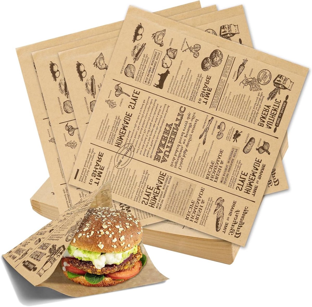 Pack van 100 vetvrije papierzakken voor burgers, snacks en frietjes - 18 x 18 cm, ideaal voor voedselverpakking en take-away