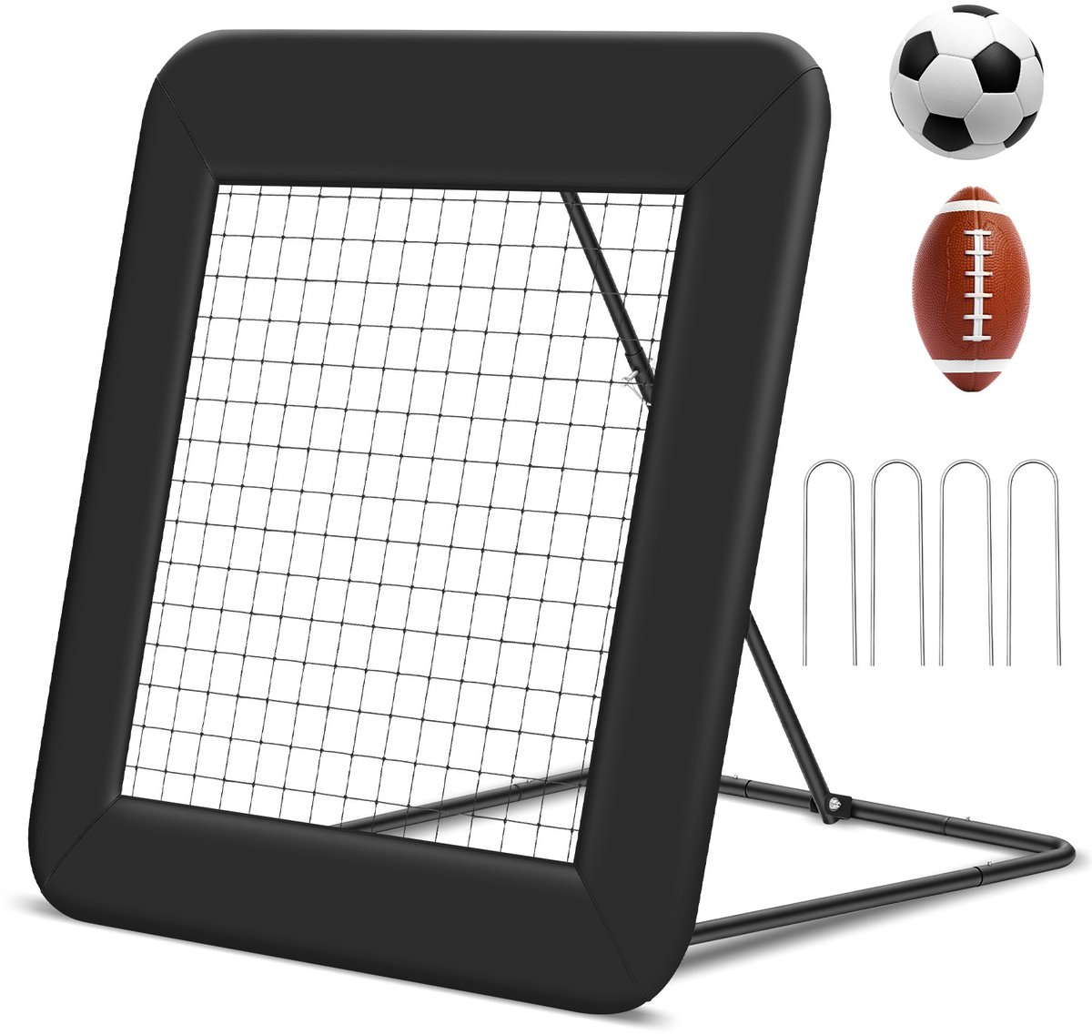 Rebound trainingsnet voor voetbal, hoek verstelbaar van 40 tot 110 graden, stevig frame met PE-net en stalen veren