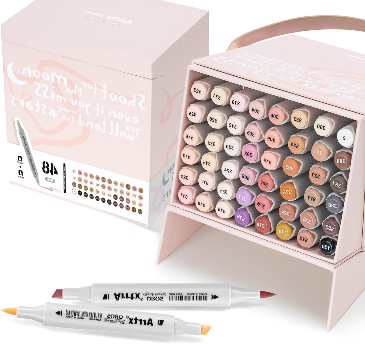 Alcohol Markers in Huidtinten - 48 Kleuren Brush en Wedge Tip voor Volwassen Kunstenaars, Tekenen, Schilderen en Illustraties