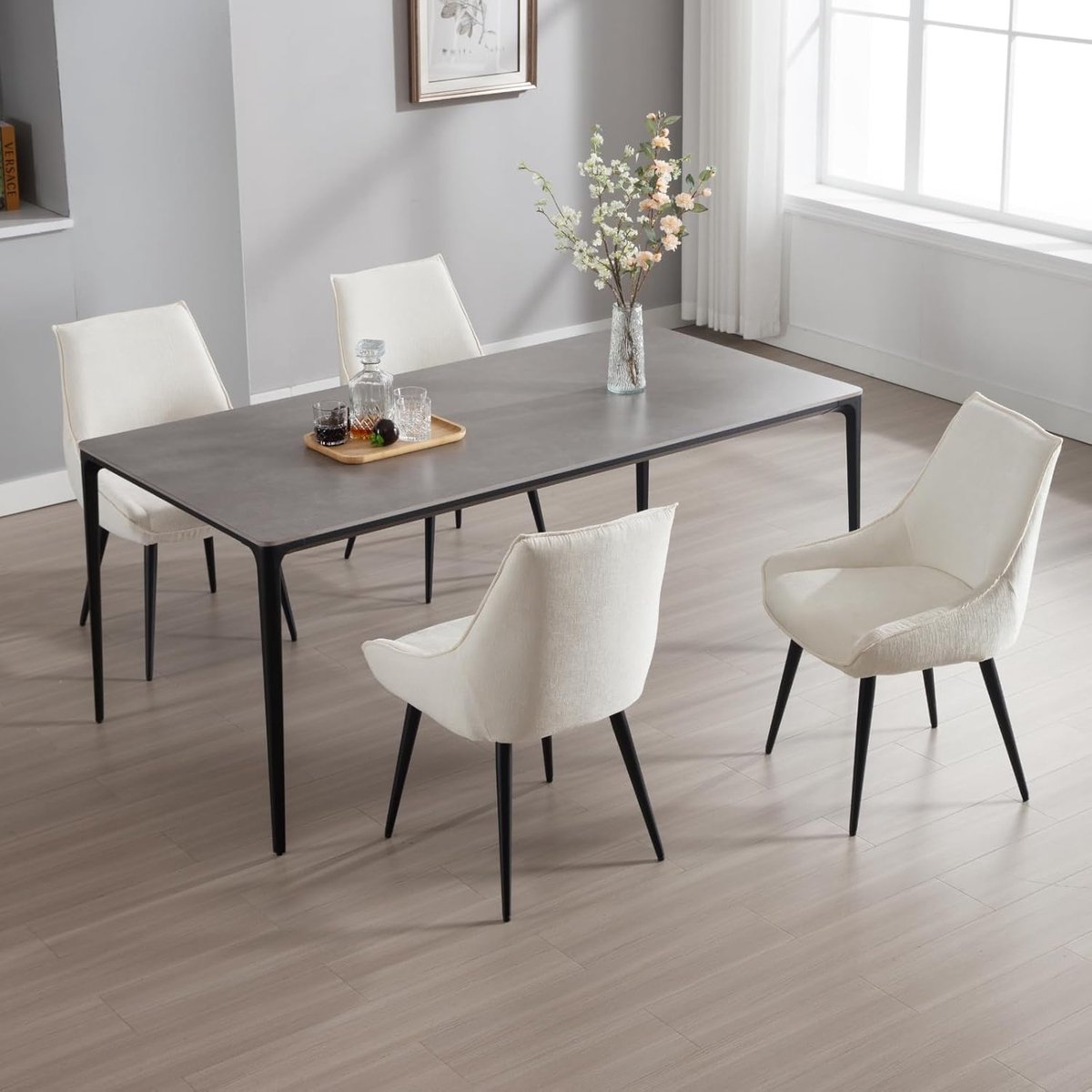 Eetkamerstoelen Set van 4 85x56x51,5 cm met Armleuning en Rugleuning – Luxe Chenille Gestoffeerde Stoelen met Metalen Poten – Moderne Design Stoelen voor Eetkamer, Woonkamer en Keuken – Wit – Laura