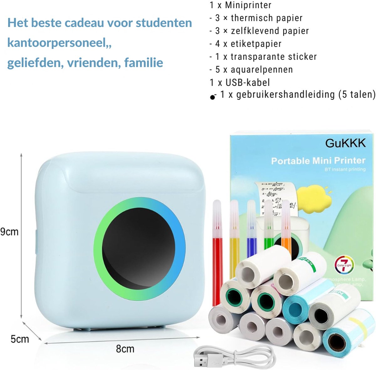 RUX® Mini Printer – Inclusief Thermisch/Zelfklevend/Etiket-Papier, USB-kabel, Aquarelpen, Transparant Sticke – Foto Printer Draadloos – Mobiele Fotoprinter - Blauw - 3cm x 8cm x 8cm thumbnail 6