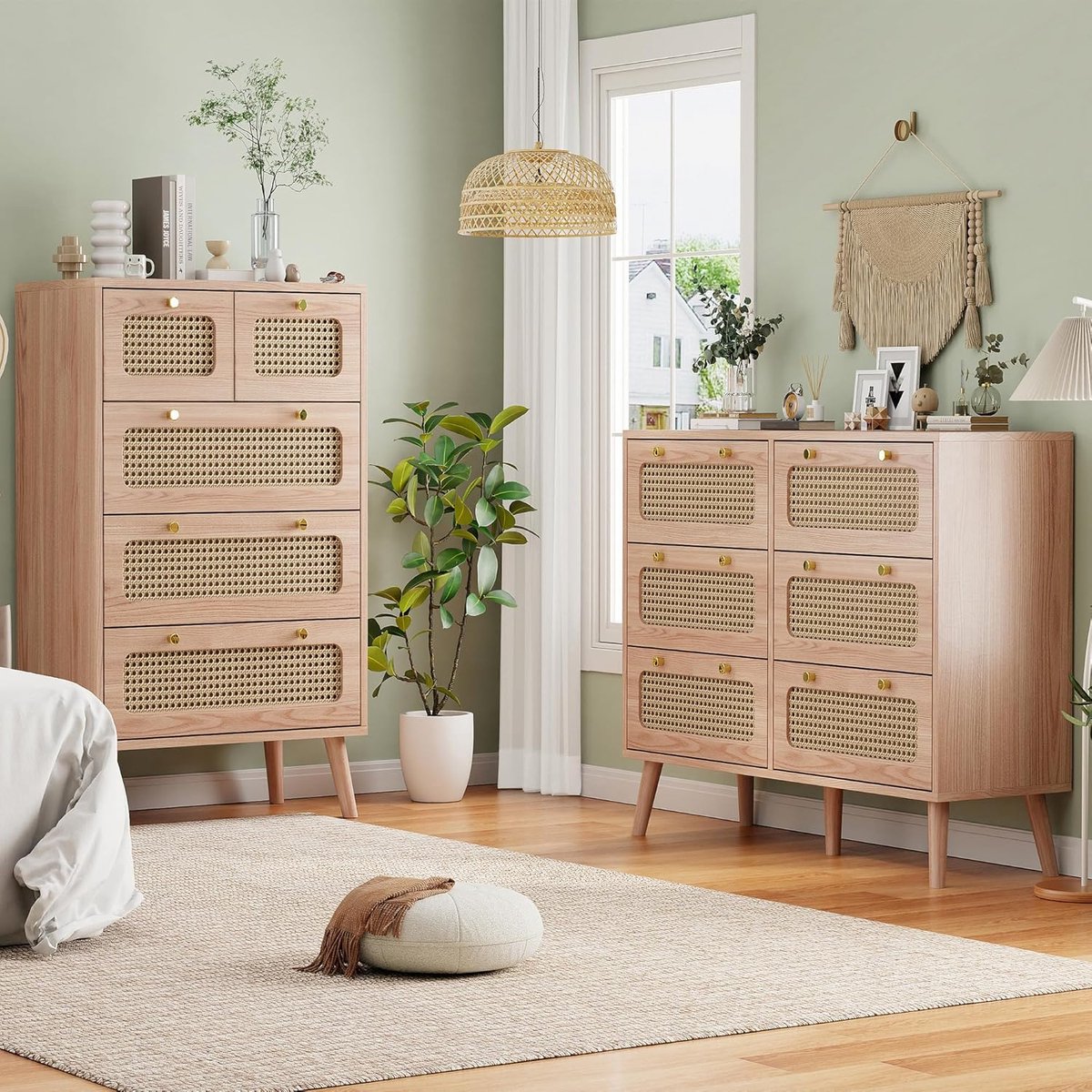 Bali Boho-Chic Commode – Luxe Rotan Ladekast met 6 Lades en Gouden Handgrepen (100 x 73 x 34 cm) – Naturel Hout