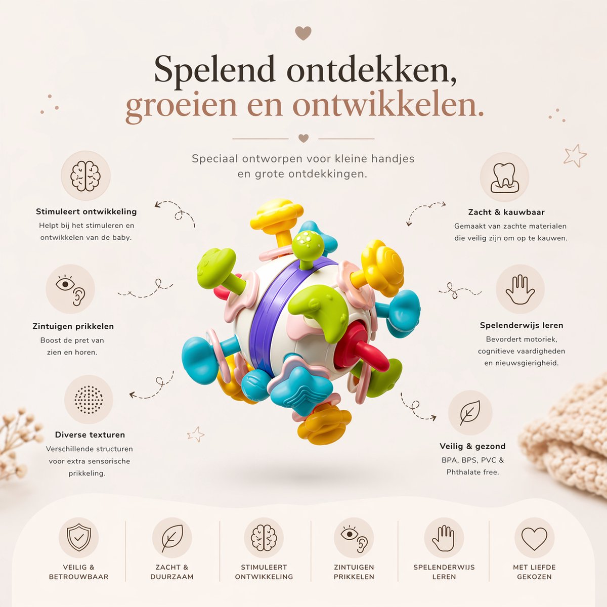 Bitey Rammelaar - Bijtring Baby - Montessori Speelgoed - BPA-vrij - Grijp- en Bijtspeelgoed - Kraamcadeau - Babyshower Cadeau - Baby Speelgoed - Spelen en ontdekken - vanaf 3 maanden – foto 4