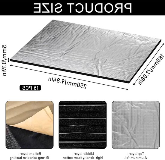 15 stuks zelfklevende isolatiematten voor auto: 250 x 180 x 5 mm, geluidsisolatie, anti-dreun, vocht- en waterbestendig — afbeelding 5