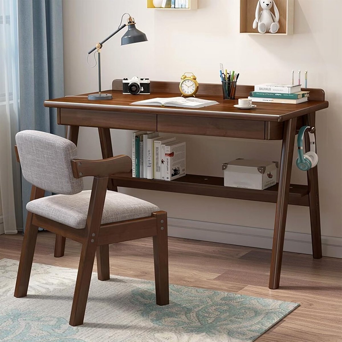 Bureau met 2 Laden 120x60x75 cm – Groot Houten Computerbureau Walnoot, Massief Schrijfbureau met Opbergruimte, Werktafel voor Thuiswerkplek en Kantoor – Yesdeals