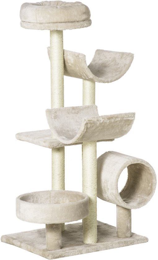 Krabpaal - Kattenboom - Klimboom-Krabmeubel – Met tunnel –Speelgoed – Vrijstaand - Stevig - Voor binnenkatten - 50x40x105 cm- 1 stuk-Beige