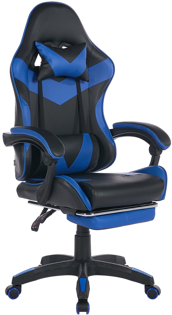 Gaming Stoel - Ergonomisch - 360° Draaibaar - Verstelbare Hoogte - Hoge Rug - Met Voetensteun - Hoofdsteun & Lendensteun - Kunstleer - Zwart & Blauw