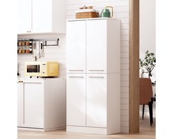 Pugsdrly Kitchen Pantry Cabinet, witte hoge kast glanzend, 4-deurs voorraadkast in koelkastdesign, in hoogte verstelbare planken, grote keukenkast met metalen handgrepen, 76x42x180 cm