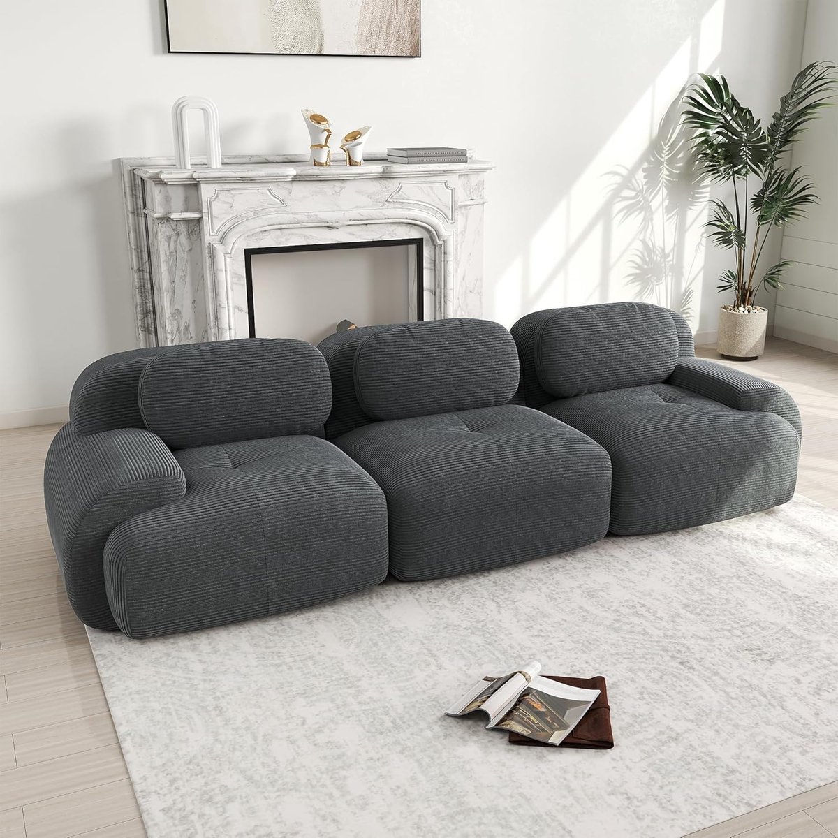 Modulaire 3-zits Bank 298x103x70 cm - Corduroy Sofa Zonder Montage - Luxe Cloud Zitbank met Diepe Zitting - Moderne Slaapbank Woonkamer Grijis - Vermissen