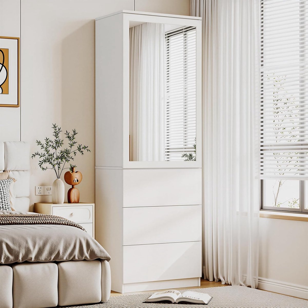Kledingkast met spiegel 50 x 40 x 180 cm – Smalle garderobekast met 3 lades en 3 planken – moderne witte kast voor slaapkamer en hal – Vermissen MSFE