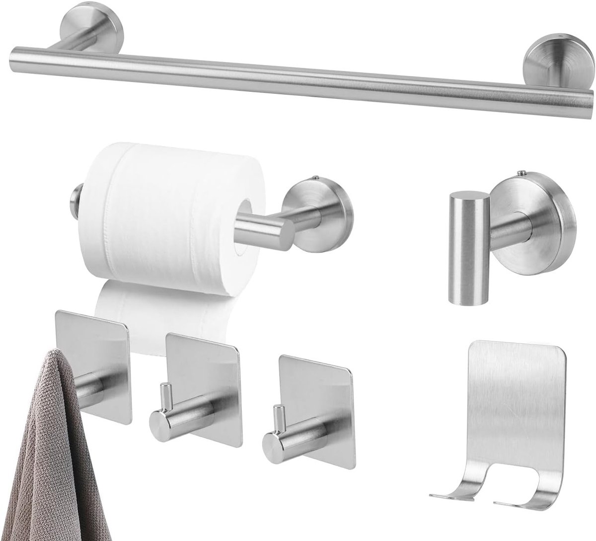 7-in-1 RVS Handdoekrek met Zelfklevende Handdoekhaken en Toiletrolhouder - Complete Set voor Badkamer en Keuken Accessoires