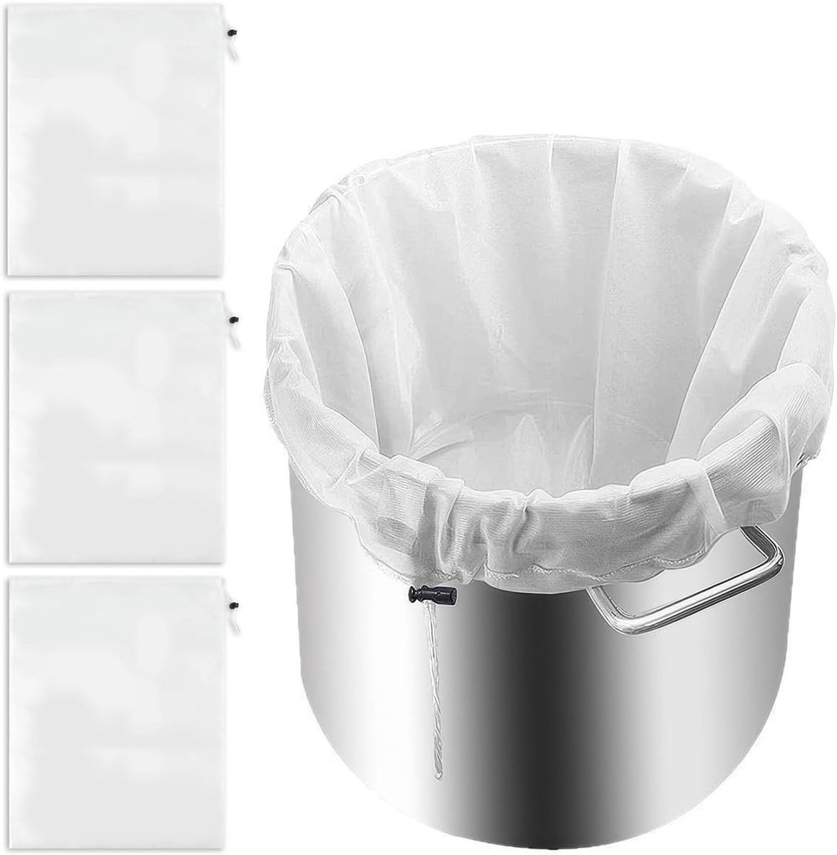 Set van 3 Herbruikbare Nylon Filterdoeken 46 x 40 cm met Trekkoord voor Sap, Koken en Filtreren van Notenmelk, Bier en Wijn