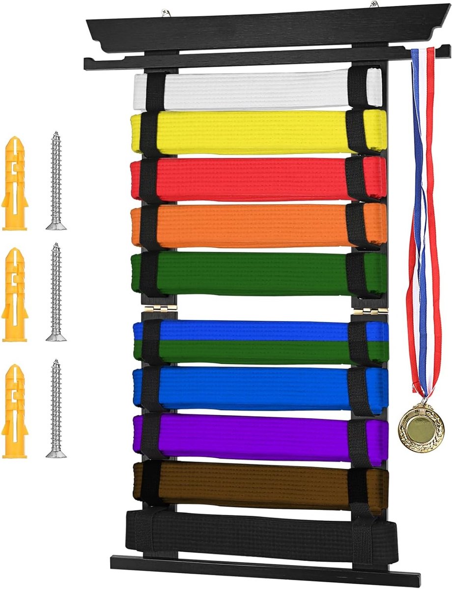 Martial Arts Riemenhouder voor 10 Taekwondo, Judo en Karate Riemen - Persoonlijk Cadeau in Zwart