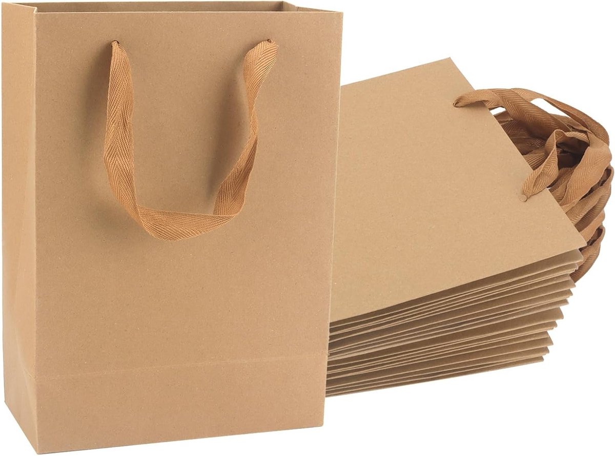 30 Stuks Bruine Papieren Tassen met Handvatten 28x10x20cm voor Cadeaus, Boodschappen en Winkelen