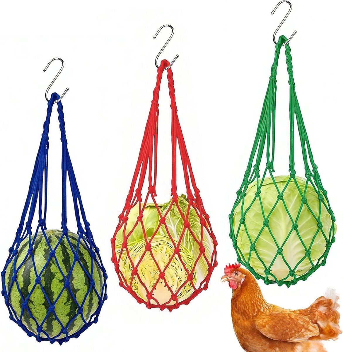 Set van 3 Hangende Kippenvoeders met Haken, Praktische Voederbakken voor Kippen, Hoogwaardige Accessoires voor Groenten en Fruit, Ideaal voor Eenden en Pluimvee
