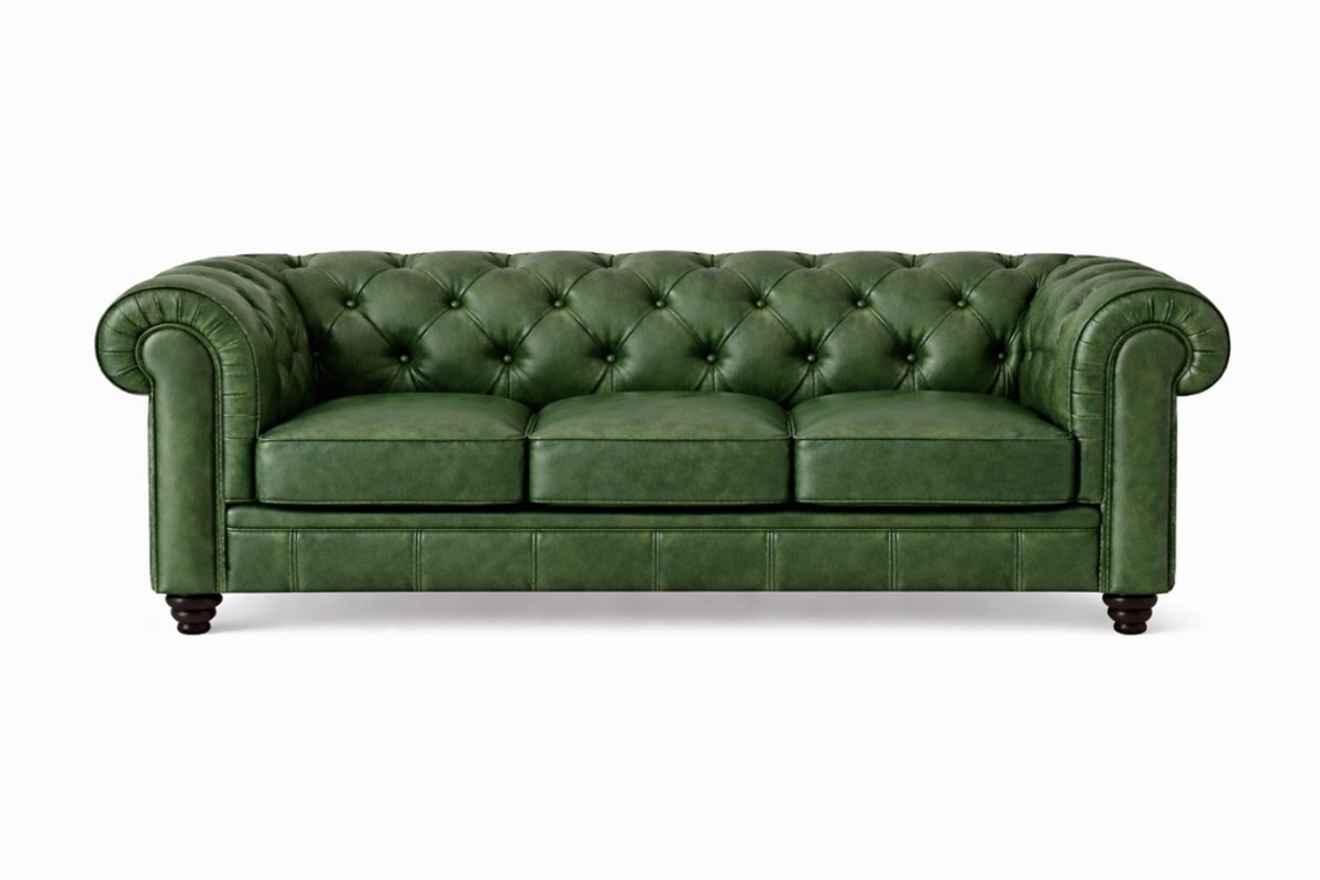 Chesterfield Bank - 3 Zits - Groen - Vintage - Leer - Sofa