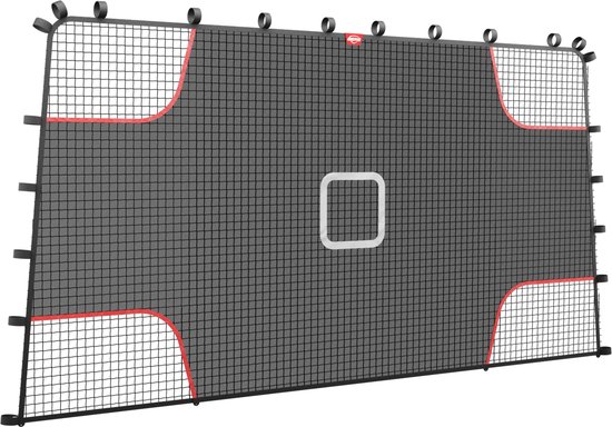 Zwart voetbalnet met rode hoekaccenten en een vierkante opening in het midden, zwart frame.