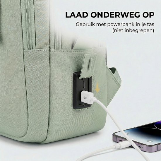 Sluiting van de mintgroene rugzak met een USB-poort voor opladen onderweg.