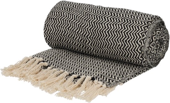 Fitz Living Plaid Visgraat - Gerecycled Katoen - 130 X 180cm - Zwart - met Kwastjes