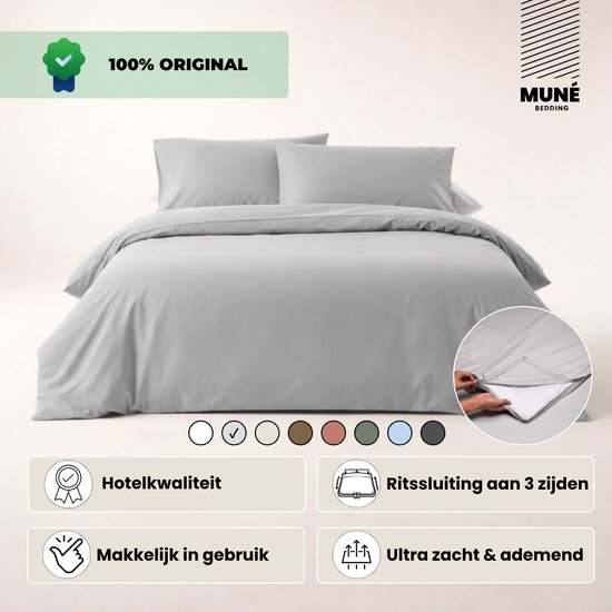 Housse de couette avec fermeture éclair - Percale de Katoen 200 fils qualité hôtelière - 240x220 cm + 2 taies d'oreiller 60x70 cm - Grijs - Muné Bedding