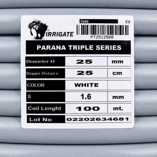 Label voor Irrigate Parana Triple Series slang: diameter 25 mm, ponsafstand 25 cm, kleur wit, 100 meter.