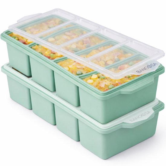 Bangosa Bacs de Congélation en Silicone avec Couvercle – Bacs de Préparation de Repas – Bac de Conservation - Plateau de congélateur en silicone - Pour Soupe, Alimentation pour Bébés & Sauce – Empilable – 4x 250ml - 2 pièces Vert