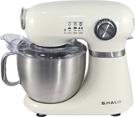 Swiss Haus® KM2005 Keukenmachine – 1000W Keukenrobot – 5L RVS Mengkom met Handgreep – 12 Snelheden – Retro Design – Multifunctionele Keukenmixer met Accessoires - Crème