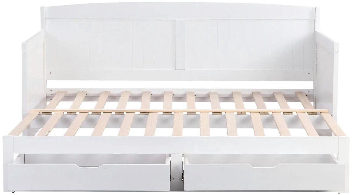 FANGDE Slaapbank 90x190 cm daybed met uitschuifbed en lades | Eenpersoonsbed van wit grenenhout met opbergruimte (zonder matras) Wit-1