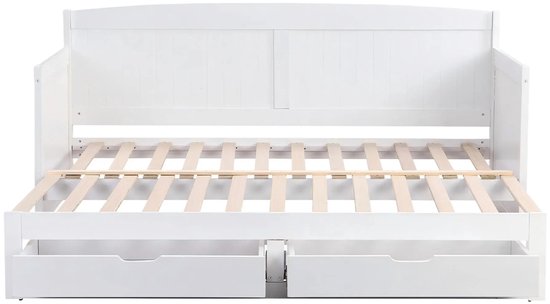 Slaapbank 90x190 cm daybed met uitschuifbed en lades | Eenpersoonsbed van wit grenenhout met opbergruimte (zonder matras)