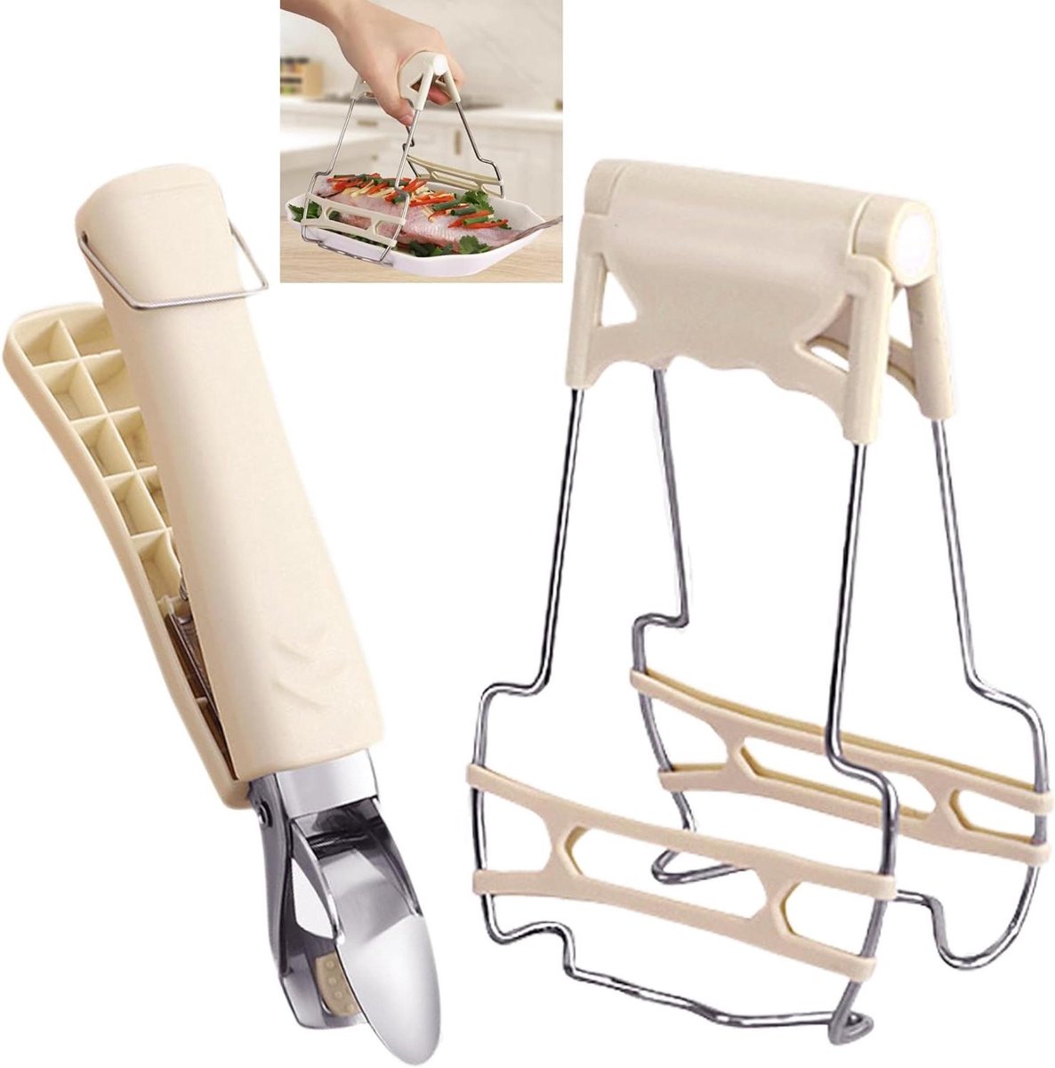 Anti-hitte Grip - Keuken Tang - Veilig Koken - Dubbele Vorm Clips - Set van 2 - Amandel