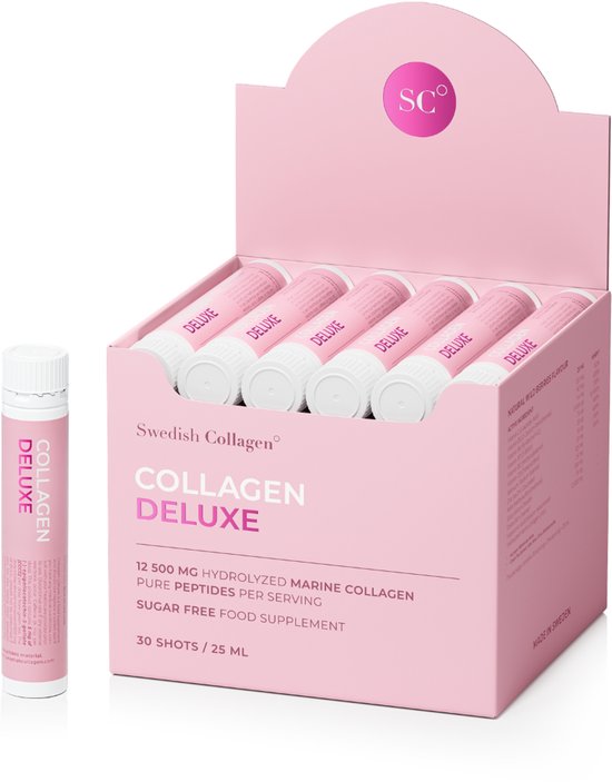 Roze doos "Collagen Deluxe" met 6 drankjes, één "Collagen Deluxe" drankje ernaast.