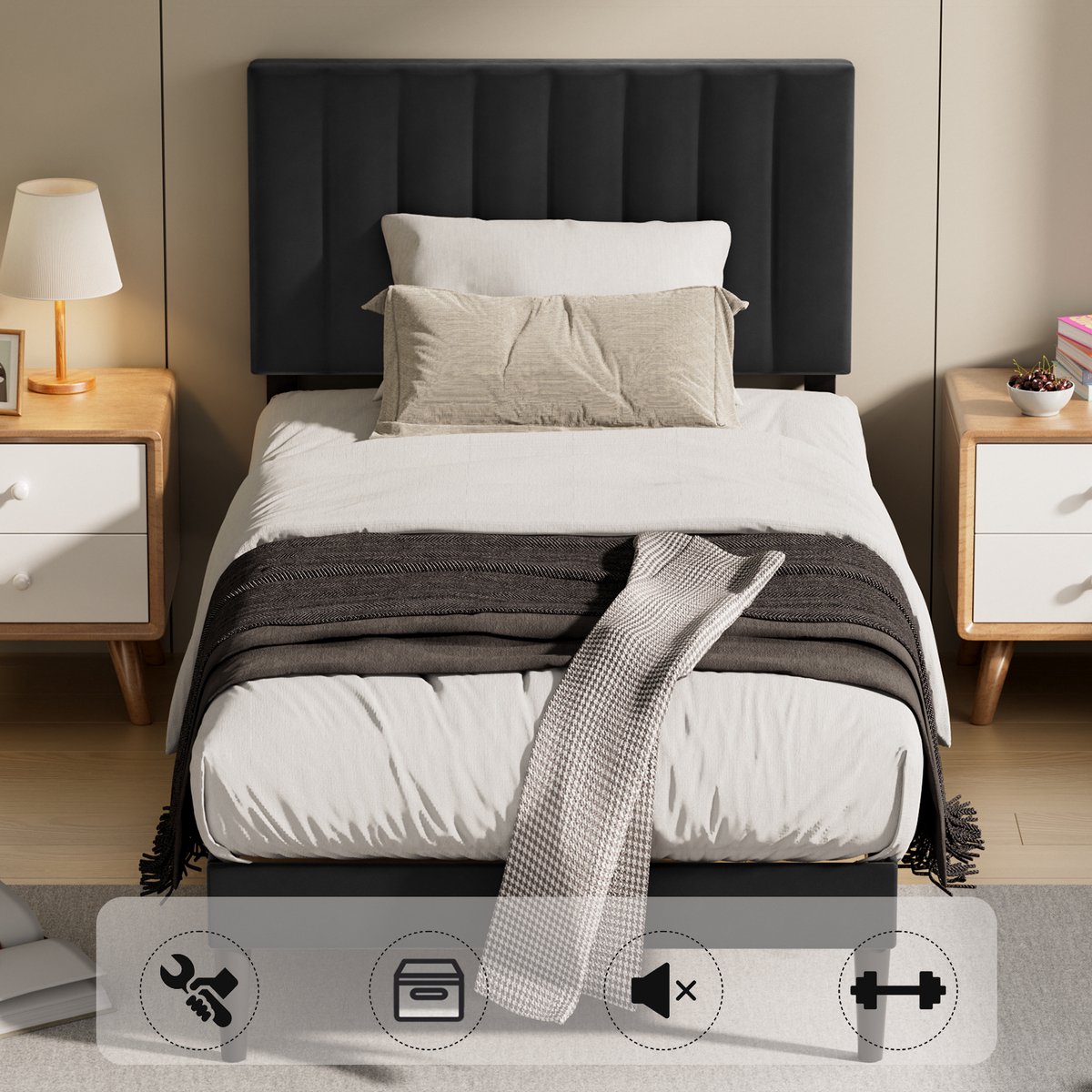KUTAS Metalen Bedframe - Gestoffeerd Hoofdbord Zwart - Eenpersoonsbeddenden 90x200 CM - Verstelbaar Hoofdbord - Opbergruimte Onder Het Bed - Draagkracht 480 kg (Zonder matras)