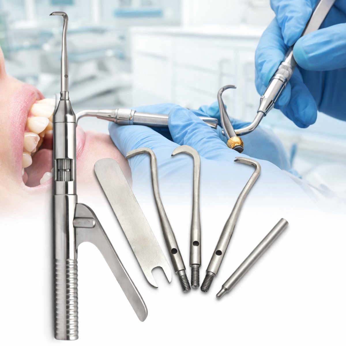 Belux Surgical Instruments – Kroonverwijder Set 6-delig – Crown Remover met Verwisselbare Tips – RVS – Tandheelkundig Instrument
