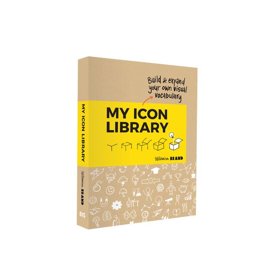 Boekomslag met 'MY ICON LIBRARY' op een gele band. De rest van de omslag is bruin met iconen.