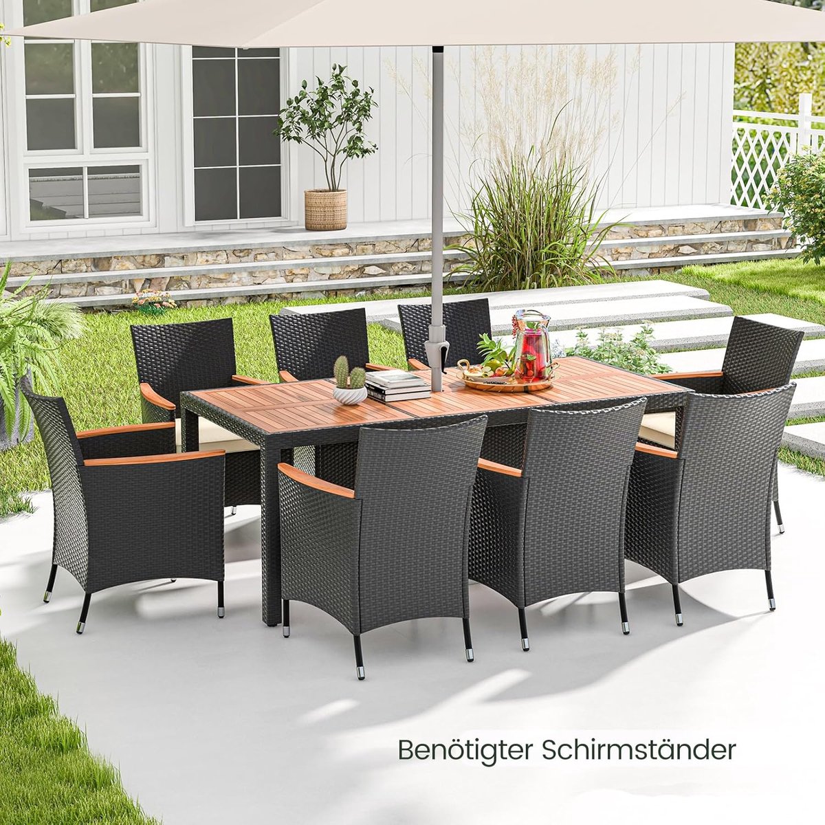 Tuinmeubelset 8 Personen 190x91x74 cm – Luxe Polyrotan Eettafel met Acaciahouten Tafelblad, 8 Comfort Stoelen & Waterbestendige Kussens met Parasolgat – Zwart – Nicolehome