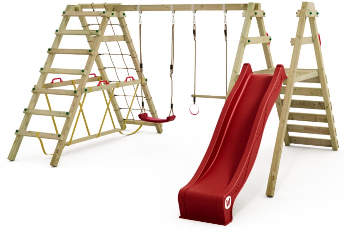 Wickey Smart Shake Speeltoestel - Schommel en Trapeze met Glijbaan - Klimaanbouw & Evenwichtsbalk - 379x378x211 cm - Rood