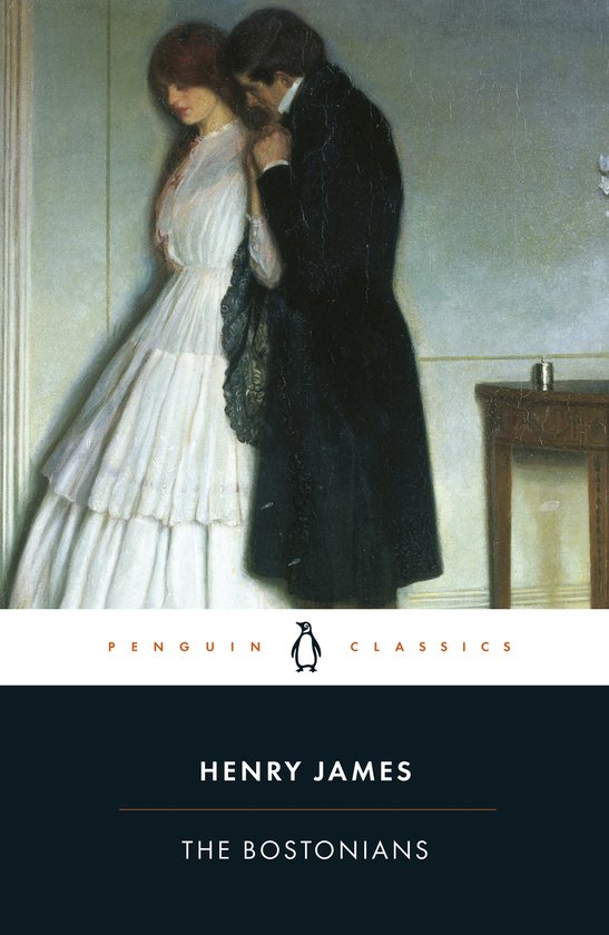 Een schilderij van een man en vrouw die elkaar vasthouden, met de tekst "Henry James The Bostonians" eronder.