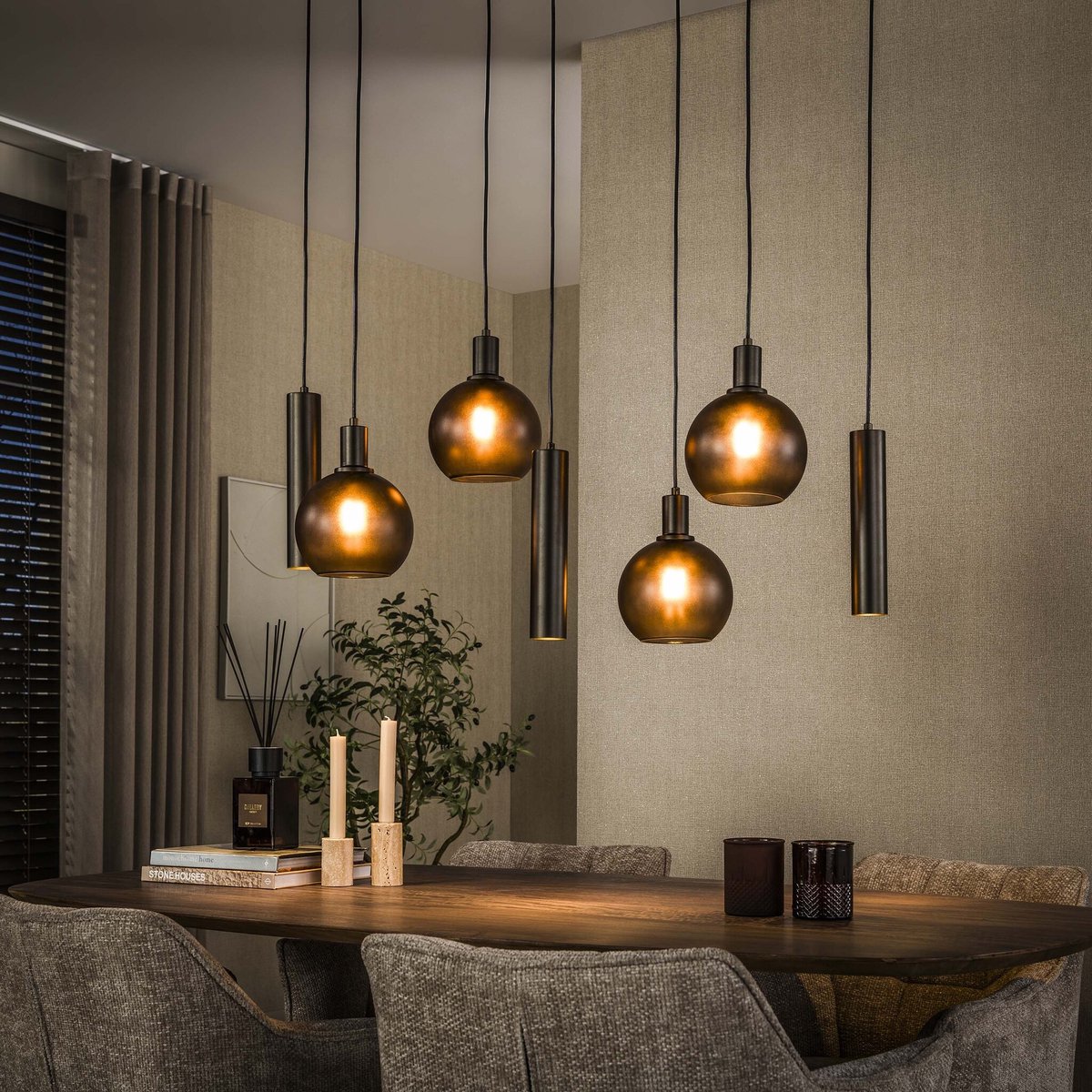 PS-Collection Hanglamp Sfera 7-Lichts Metaal Glas Sienna Bruin Mat - hanglampen eetkamer, hanglamp zwart, hanglampen woonkamer, hanglamp slaapkamer, hanglamp rotan, hanglamp hout, hanglamp industrieel, hanglamp glas, hang lamp