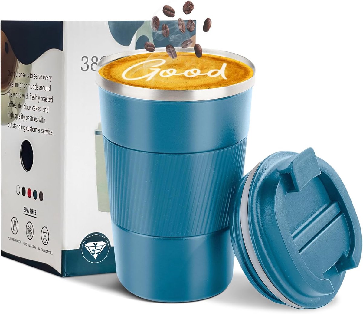 Thermische reisbeker voor koffie – lekvrij – draagbare roestvrijstalen koffiebeker – met deksel, herbruikbaar – voor warme en koude dranken – 380 ml (blauw)